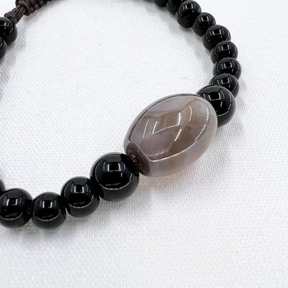 Beautiful Agate and Black Glass Beaded Brown Cord Adjustable Bracelet - Picture 4 of 5